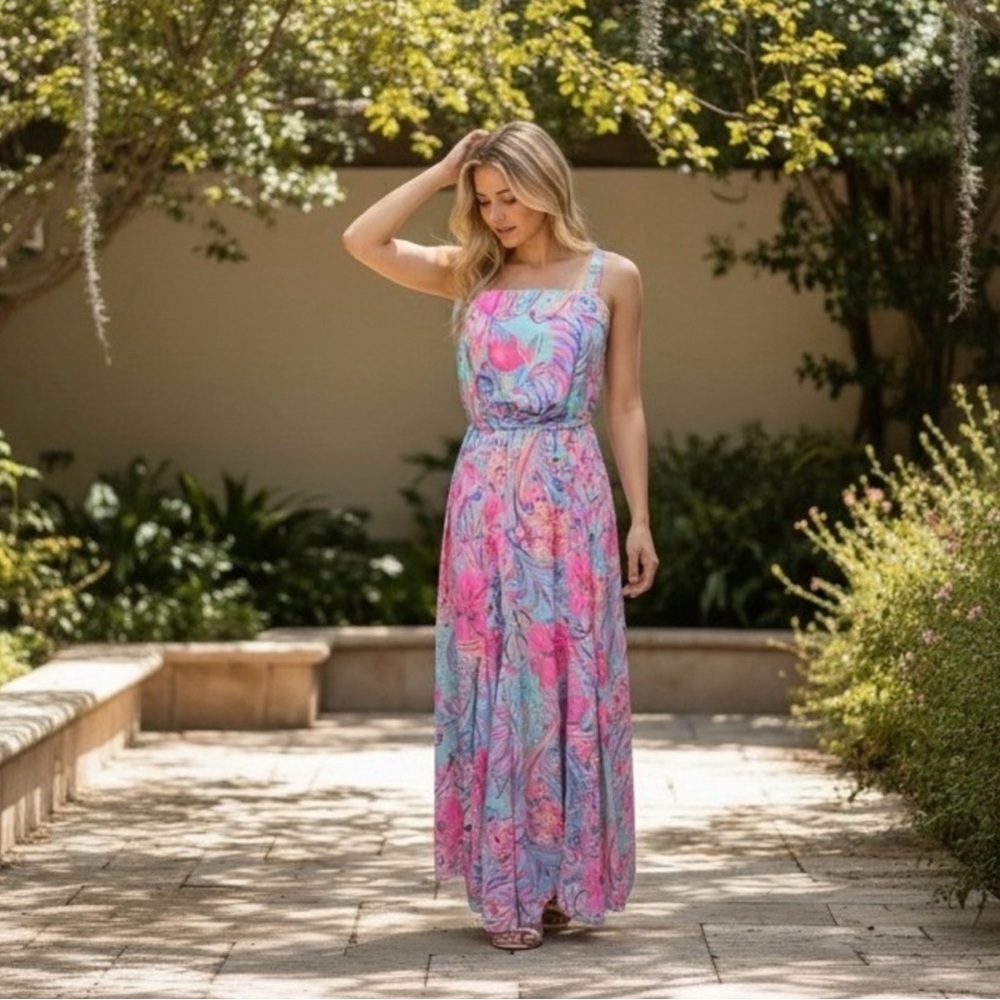 Lilly Pulitzer Maxi Dress Floral‎ Print Blue Pink Sleeveless Smocked Waist Sz S